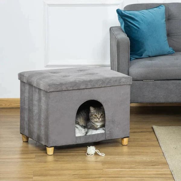 Rootz Cat Cave - Kattehus - Kattekurv - 2-i-1 Kattehule - Med pude - Træben - Grå - 60 x 45 x 44,5 cm