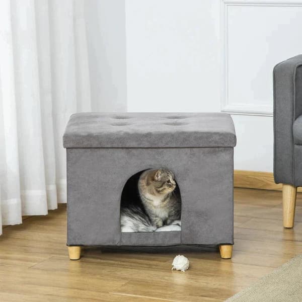 Rootz Cat Cave - Kattehus - Kattekurv - 2-i-1 Kattehule - Med pude - Træben - Grå - 60 x 45 x 44,5 cm