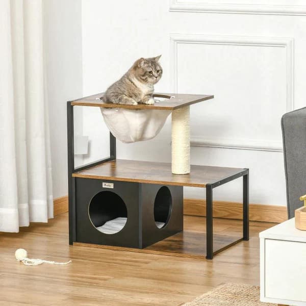 Rootz Cat House - Kissan laatikko - Kissan huonekalut - Raapimispylväs - Kissaluolalla - Kissansängyllä - Ruskea - 64 x 40 x 60 cm