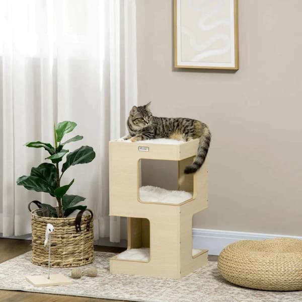 Rootz Cat House - Cat Cave - Cat Bin - 2-vånings Cat Cave - Inkluderar leksak - Natur/Ljusgrå - 34cm x 34cm x 60cm