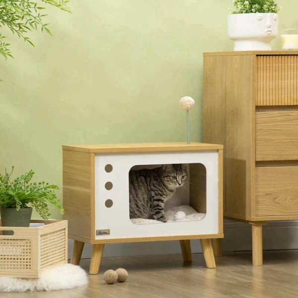 Rootz Cat House - TV Design Cat Cave Inkluderar leksak - Tvättbar kudde - Ek + Beige + Vit - 50cm x 28cm x 43cm