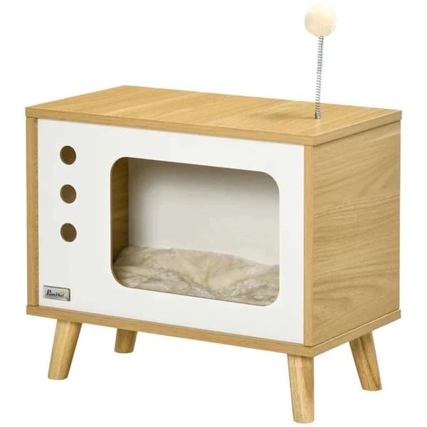 Rootz Cat House - TV Design Cat Cave Inkluderar leksak - Tvättbar kudde - Ek + Beige + Vit - 50cm x 28cm x 43cm