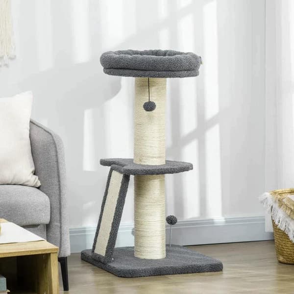 Rootz-skrabestolpe - Én platform - Hængende legebold - Sisal - Mørkegrå + Cremehvid - 48 x 48 x 92 cm