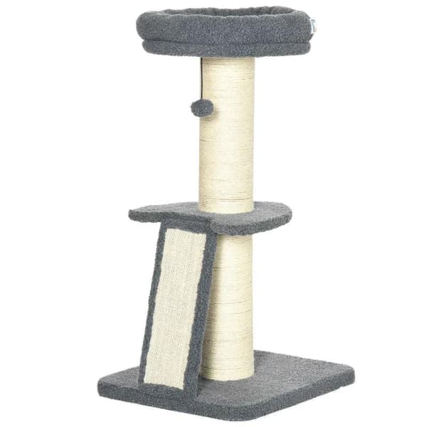 Rootz-skrabestolpe - Én platform - Hængende legebold - Sisal - Mørkegrå + Cremehvid - 48 x 48 x 92 cm