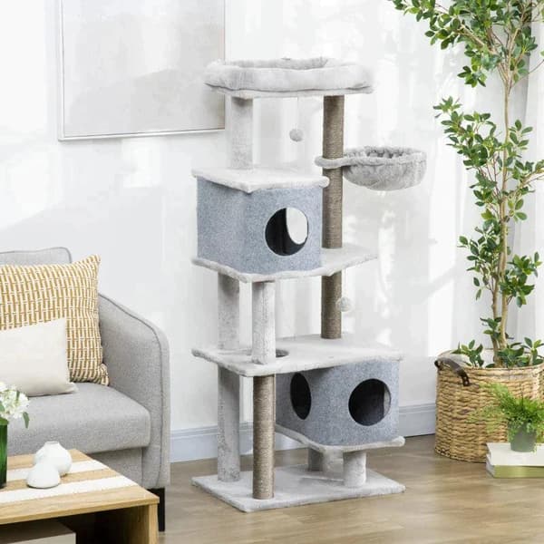 Rootz-skrabestolpe - To huse - To platforme - Legebold - Liggekurv - Anti-tip - Sisal - Grå - 60 x 40 x 142 cm