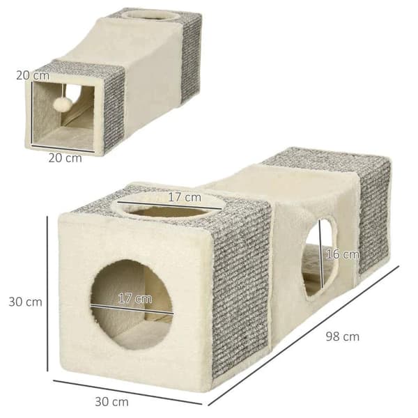 Rootz Cat Tunnel - 2 Cat Caves - Kattsäng - Skraplappar och bollleksak - Spånskiva/Ludd/Sisal - Brun/Beige - 98cm x 30cm x 30cm