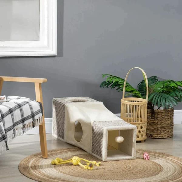 Rootz Cat Tunnel - 2 Cat Caves - Kattsäng - Skraplappar och bollleksak - Spånskiva/Ludd/Sisal - Brun/Beige - 98cm x 30cm x 30cm