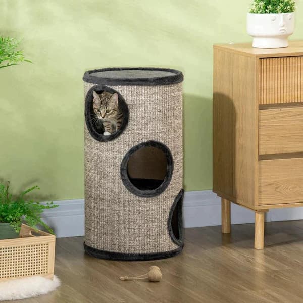 Rootz Scratch Barrel - Scratch Barrel - 3 Tier Scratcher Barrel - Inkluderer Sisal Rope - Scratcher Pad - Cat Scratcher - Grå - 38cm x 38cm x 70cm