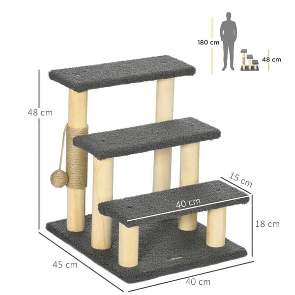 Rootz Kradsestolpe - Kattetræ - 3-lags Kitty Ladder - Katteklatrelegetøj - Kattetårn - Med boldlegetøj - Grå - 45 x 40 x 48 cm