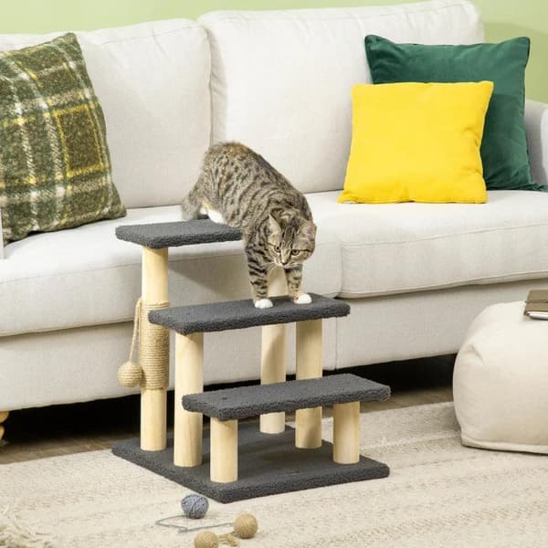 Rootz Kradsestolpe - Kattetræ - 3-lags Kitty Ladder - Katteklatrelegetøj - Kattetårn - Med boldlegetøj - Grå - 45 x 40 x 48 cm