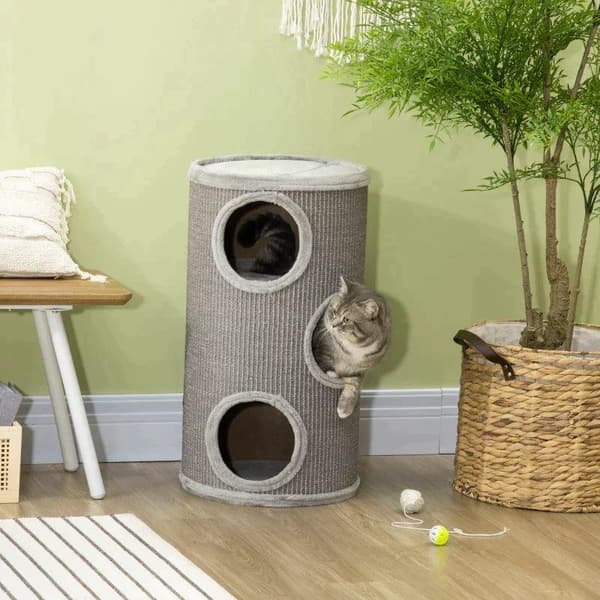 Rootz Scratch Barrel - Scratching Barrel - 3-lagers Scratcher Barrel - Inkluderar sisalrep - Scratcher Pad - Cat Scratcher - Ljusgrå - 38cm x 38cm x 7