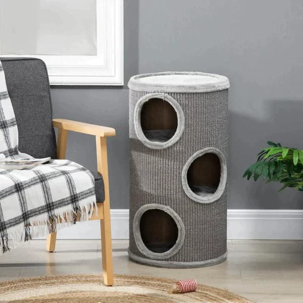 Rootz Scratch Barrel - Scratching Barrel - 3-lagers Scratcher Barrel - Inkluderar sisalrep - Scratcher Pad - Cat Scratcher - Ljusgrå - 38cm x 38cm x 7