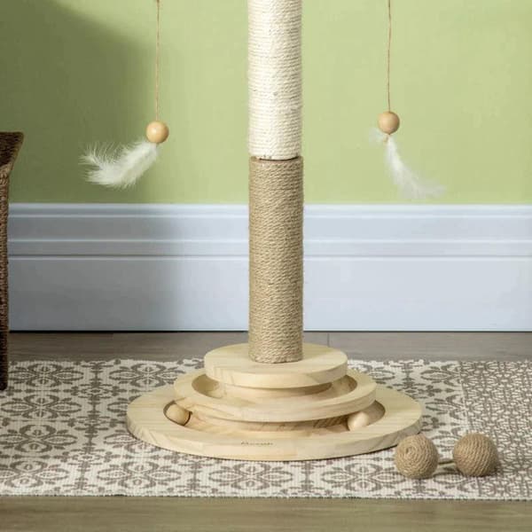 Rootz Kradsestolpe - Kattetræ - Kattetårn - Kitty Activity Center - Med pladespiller interaktivt boldlegetøj - Naturlig - 32 cm x 32 cm x 56 cm