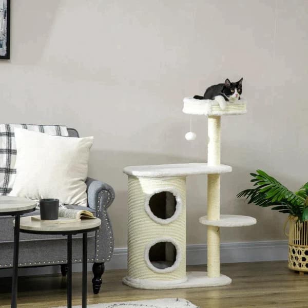 Rootz skrapstolpe - med skrapfat - 1 kattsäng och kattleksak - off-white - 59 cm x 35 cm x 100 cm