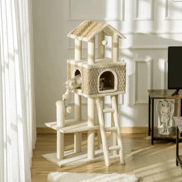 Rootz Skrapstolpe - Med kattgrotta - Katthus - Kattbur - Kattmöbler - Khaki/Beige/Kaffe - 69L x 40B x 131H cm