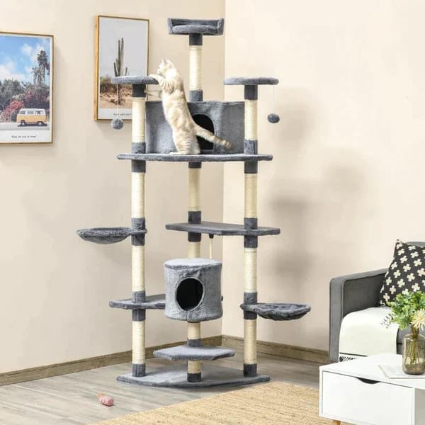 Rootz skrapstolpe - med kattgrotta - katthus - kattbur - med 2 hängmattor - ljusgrå - 60L x 60W x 200H cm