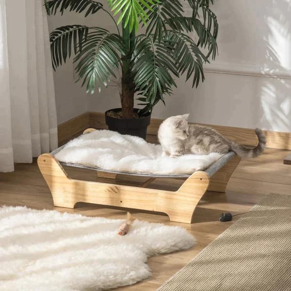 Rootz Cat Bed - Kattsäng med ram - Hängmatta för katter - Upphöjt kattbo med mjuk kudde - Naturlig - Furu - 68 x 43 x 20 cm
