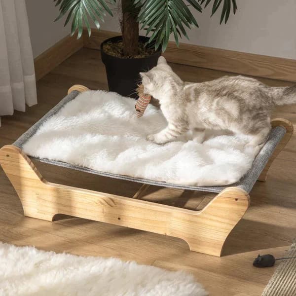 Rootz Cat Bed - Kattsäng med ram - Hängmatta för katter - Upphöjt kattbo med mjuk kudde - Naturlig - Furu - 68 x 43 x 20 cm