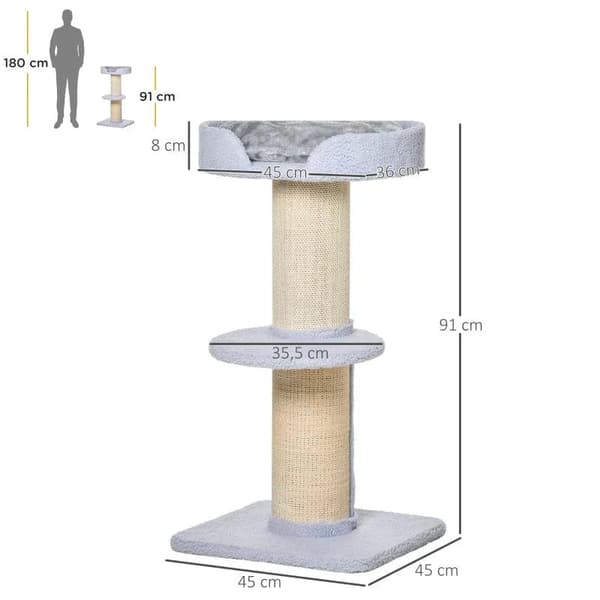 Rootz Cat Tree - Legetræ - Kradsestolpe med platform - Sisal E1 spånplade plys - Lyseblå - 45 x 45 x 91 cm
