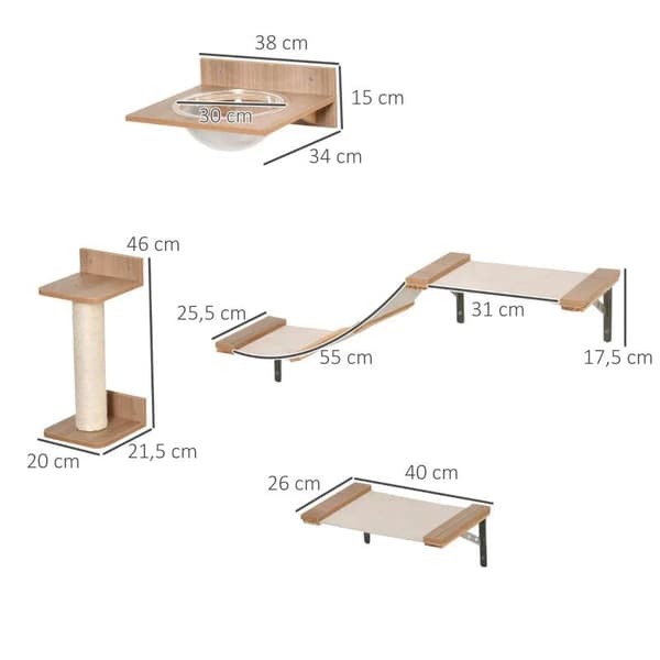 Rootz klatrevæg til katte - Katteklatrevæg med kradsestolpe - Kattetrappe - Kattemøbler Hængekøje - Sisal Akryl Fyr - Lysebrun - 100L x 25,5W x 17,5H