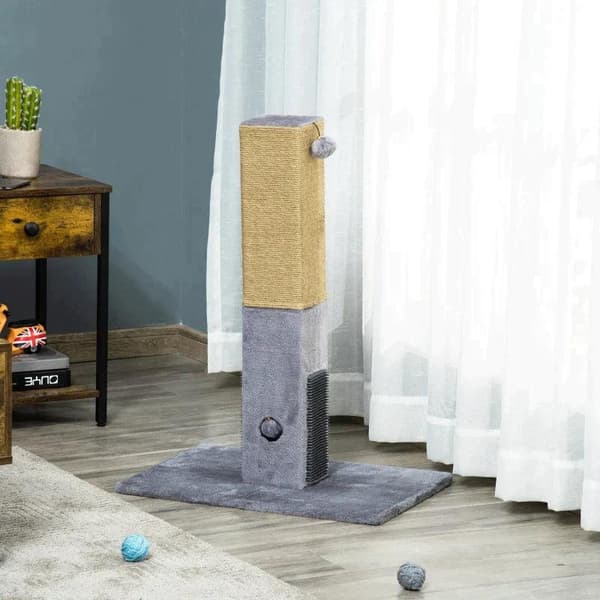 Rootz-raapimistolppa - Kissojen raapimistolppa - Juuttiköydellä varustettu kissanpuu - Leikkipuu Sisältää lelupehmoisen - Harmaa - 59,5 x 39 x 79 cm