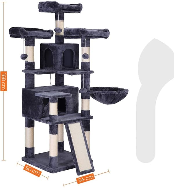 Rootz Cat Tree - Raaputustolppa - 6 tasoa - Riippumatto - Luola - Savunharmaa - 54 x 50 x 168 cm