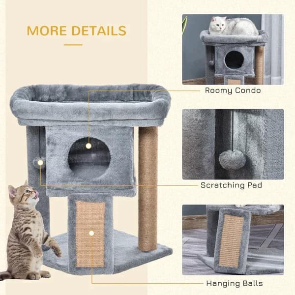 Rootz Cat Tree - Kissapuu juutilla raaputusmatolla - Riippuva pallo - Raaputustaulu - Kissakalusteet ovireiällä - Lemmikkien kalusteet - Vaaleanharmaa