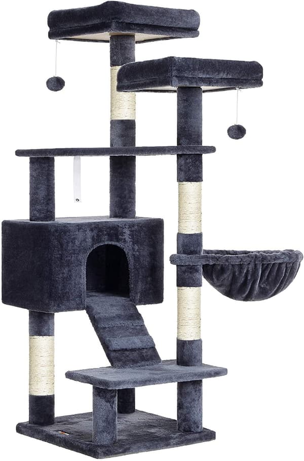 Rootz Kradsestolpe - Kattetræ - Hængekøje - Hule - Plys - Sisal - 6 niveauer - Røggrå - 50 x 45 x 142 cm