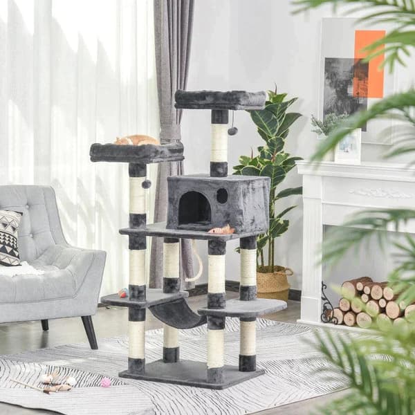 Rootz Cat Tree - Kissan talo - Kiipeilypuu riippumatolla - Kissan leikkitorni - Tummanharmaa - 60 x 48 x 144 cm