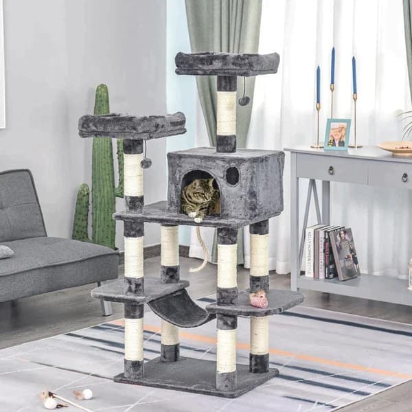 Rootz Cat Tree - Kissan talo - Kiipeilypuu riippumatolla - Kissan leikkitorni - Tummanharmaa - 60 x 48 x 144 cm