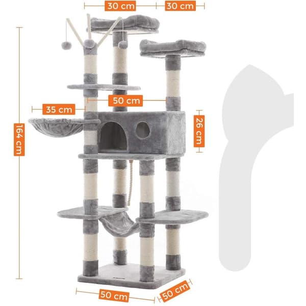 Rootz Cat Tree - Raaputuspylväs - Riippumatto - Kissaluola - 6 tasoa - Harmaa - Beige - 50 x 50 x 164 cm