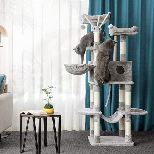Rootz Cat Tree - Raaputuspylväs - Riippumatto - Kissaluola - 6 tasoa - Harmaa - Beige - 50 x 50 x 164 cm