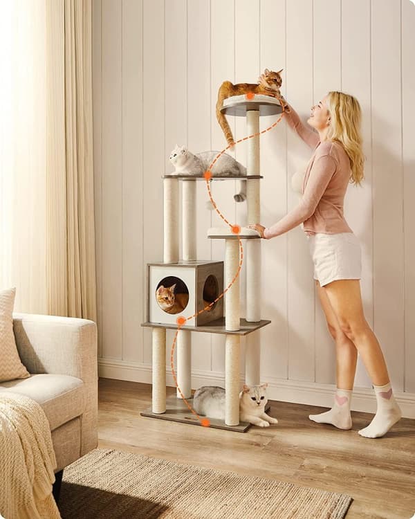 Rootz skrapstolpe - Katthus - Kattgrotta - Med leksaksboll - Kattträd - Med avtagbara kuddar - Vintagebrun - 58 x 40 x 165 cm (L x B x H)