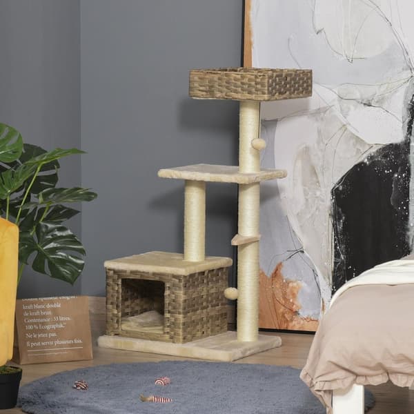 Rootz kattekrabbe pos - Brun, Beige - Konstrueret træ, Plys, Sisal - 23,62 cm x 15,74 cm x 42,91 cm