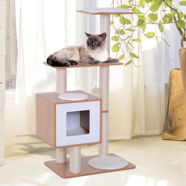Rootz skrapstolpe kattleksak - vit, naturlig - ved, Mdf, sisal - 25,98 cm x 18,5 cm x 47,24 cm