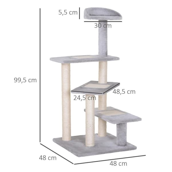 Rootz Gallon Kanna Skrapstolpe Cat Tree - Biege, Grå - Spånskiva, Plysch, Sisal - 18,9 cm x 18,9 cm x 39,17 cm