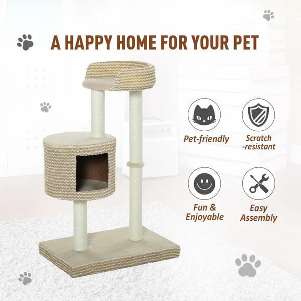 Rootz Cat Tree - Beige, Kaffe - Klass E1 spånskiva, plysch, jute - 24 cm x 16,14 cm x 37,8 cm