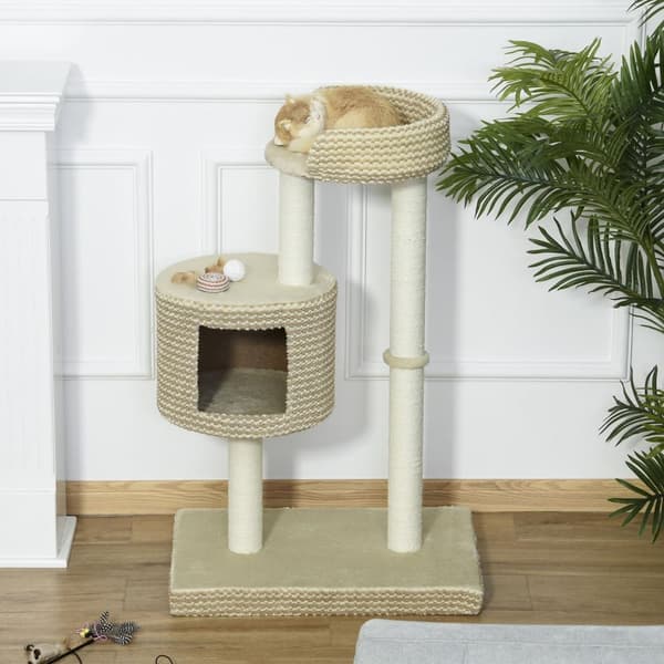 Rootz Cat Tree - Beige, Kaffe - Klass E1 spånskiva, plysch, jute - 24 cm x 16,14 cm x 37,8 cm