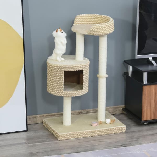 Rootz Cat Tree - Beige, Kaffe - Klass E1 spånskiva, plysch, jute - 24 cm x 16,14 cm x 37,8 cm