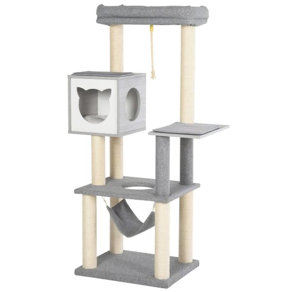 Rootz Scratching Cat Tree -kiipeily - harmaa, valkoinen - lastulevy, sisal, pehmo - 23,22 cm x 148,89 cm x 61,02 cm