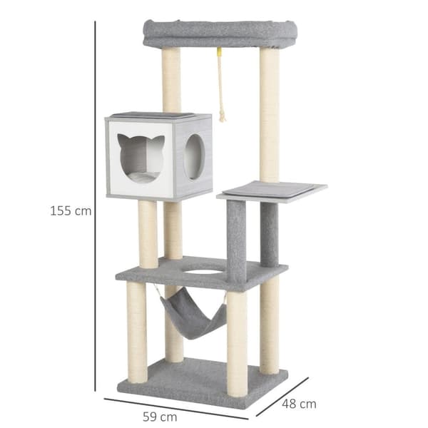 Rootz Scratching Cat Tree -kiipeily - harmaa, valkoinen - lastulevy, sisal, pehmo - 23,22 cm x 148,89 cm x 61,02 cm