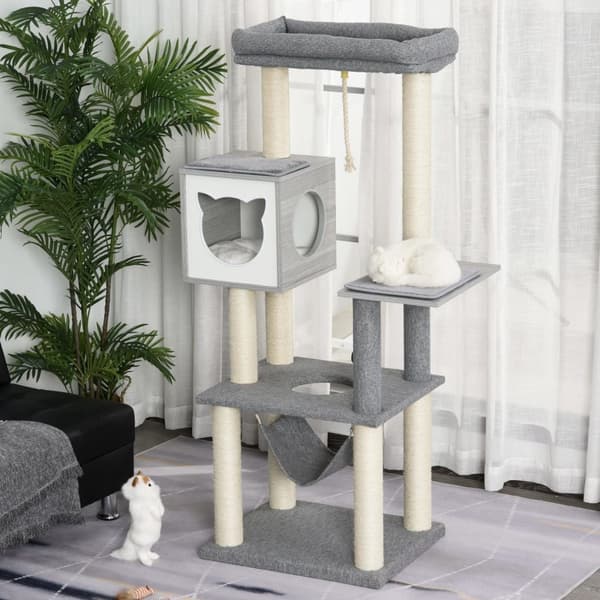 Rootz Scratching Cat Tree -kiipeily - harmaa, valkoinen - lastulevy, sisal, pehmo - 23,22 cm x 148,89 cm x 61,02 cm