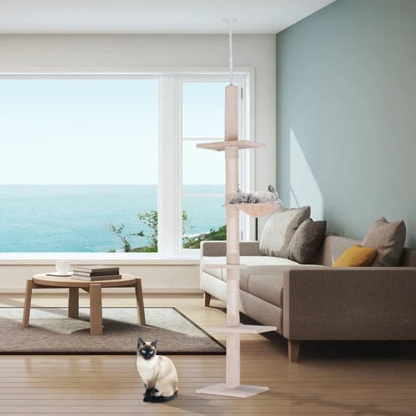 Rootz Scratching Post - Ceiling High - Height Adjustable - Cat Tree with Sisal Columns - Cat Scratching Post - Cat Climbing Tree - Beige - 40 x 34 x 2