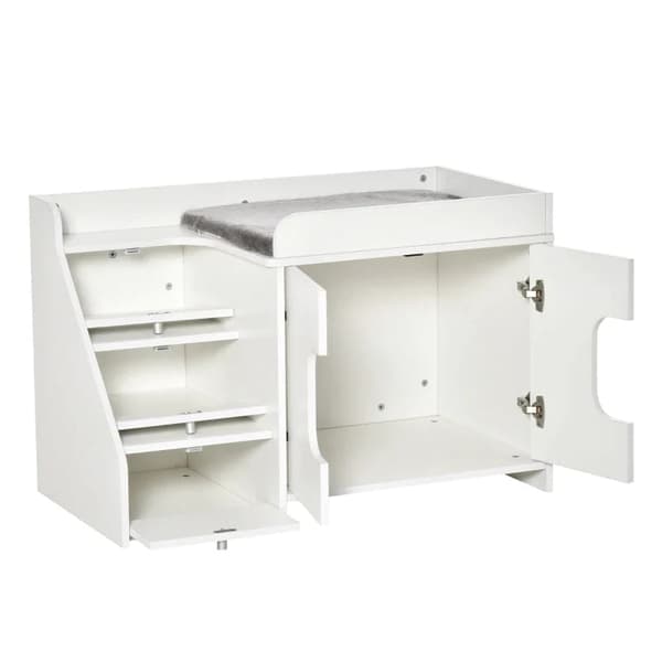 Rootz Katteskab til kat - Toilet kattebakke med 3 trappetrin - Kattehus - Kattehuler - Katteskab til kat - Seng med døråbning - Hvid - 90 x 48 x 59 cm