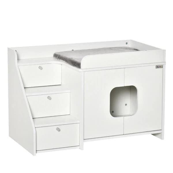 Rootz Katteskab til kat - Toilet kattebakke med 3 trappetrin - Kattehus - Kattehuler - Katteskab til kat - Seng med døråbning - Hvid - 90 x 48 x 59 cm