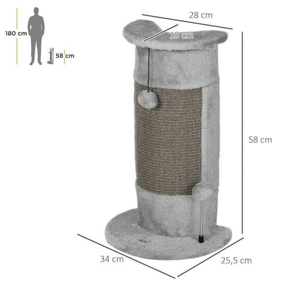 Rootz Cat-kradsestolpe - Inklusiv 2 bolde - Overdækket plys - Legebolde - Blødt plys - Spånplade - Hjørnevægge - Grå - 34L x 25,5W x 58H cm