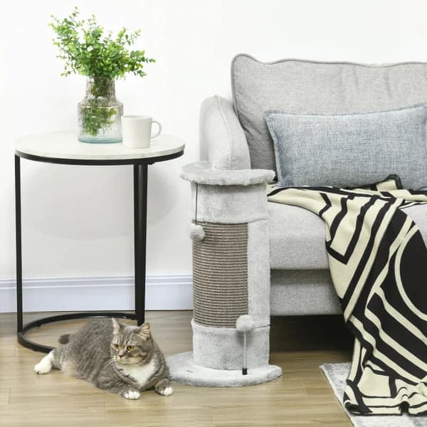 Rootz Cat-kradsestolpe - Inklusiv 2 bolde - Overdækket plys - Legebolde - Blødt plys - Spånplade - Hjørnevægge - Grå - 34L x 25,5W x 58H cm