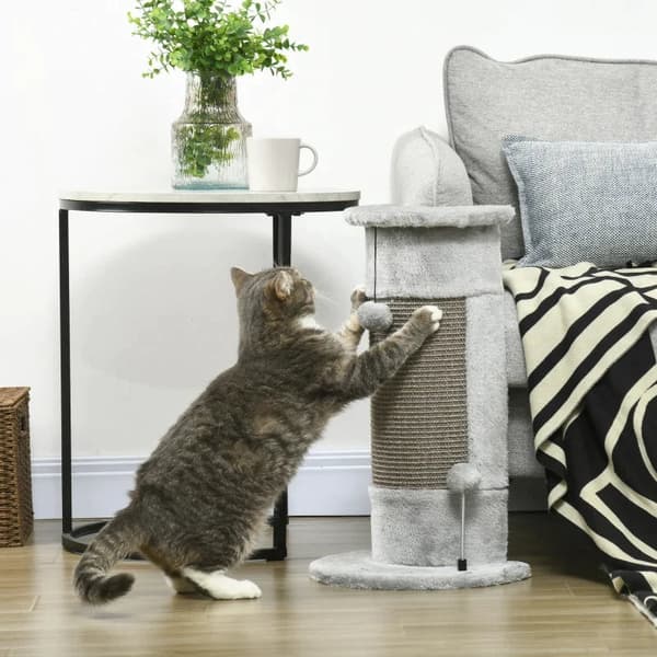 Rootz Cat-kradsestolpe - Inklusiv 2 bolde - Overdækket plys - Legebolde - Blødt plys - Spånplade - Hjørnevægge - Grå - 34L x 25,5W x 58H cm