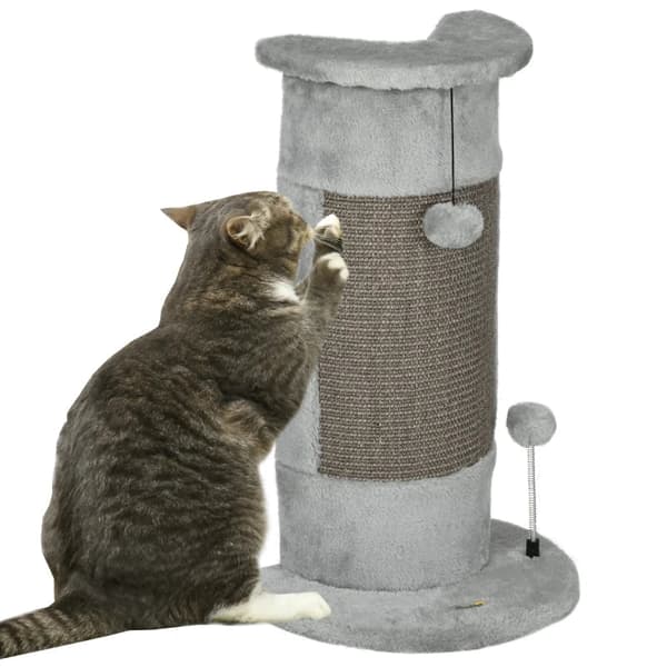 Rootz Cat-kradsestolpe - Inklusiv 2 bolde - Overdækket plys - Legebolde - Blødt plys - Spånplade - Hjørnevægge - Grå - 34L x 25,5W x 58H cm