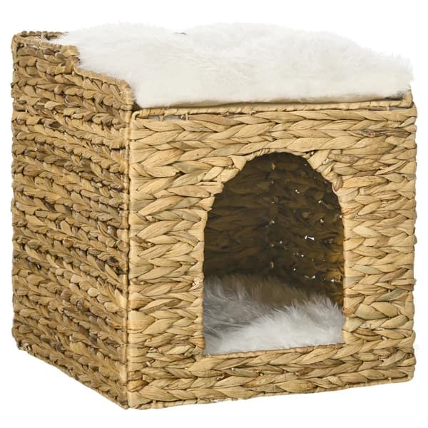 Rootz Vandhyacint Græs Kattehule - Katteseng - 2 liggeområder - 2 vaskbare puder - Naturlig + Hvid - 37,5L x 37,5W x 41,5H cm